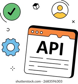 2D illustration of API specs, versioning, and QA review for developer portals and engineering teams. Great for guides and presentations.