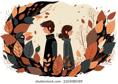 2d illustration of the breakup of two lovers. Illustration of a boy and a girl with sad faces.