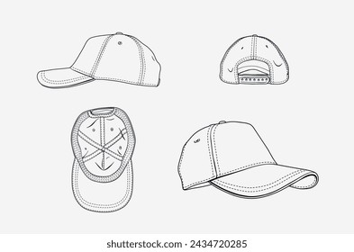 2d illustration of cap. Outline vector image set. Bottom, side, back and perspective view.