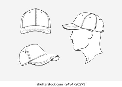 2d illustration of cap. Outline vector image set. Front, side and  perspective view. Head contour.