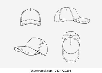 2d illustration of cap. Outline vector image set. Top, front, side and  perspective view.