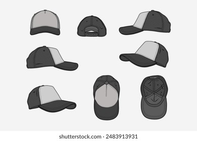 2d illustration of cap. Outline vector image set. Front, back, top, bottom, side and perspective view.