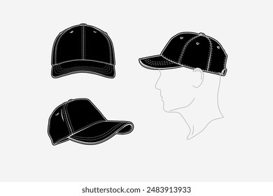 2d illustration of cap. Outline vector image set. Front, back, top, bottom, side and perspective view.