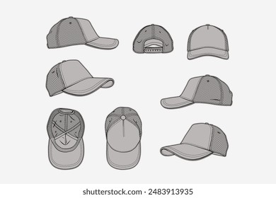 2d illustration of cap. Outline vector image set. Front, back, top, bottom, side and perspective view.