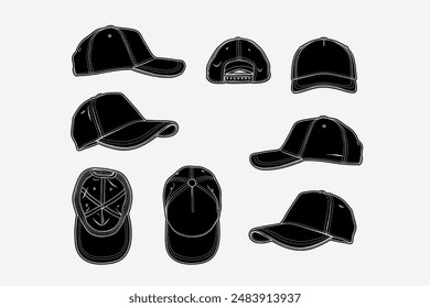 2d illustration of cap. Outline vector image set. Front, back, top, bottom, side and perspective view.