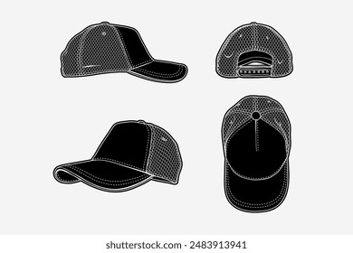 2d illustration of cap. Outline vector image set. Front, back, top, bottom, side and perspective view.