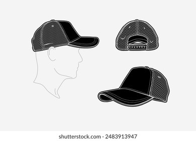 2d illustration of cap. Outline vector image set. Front, back, top, bottom, side and perspective view.