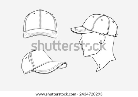2d illustration of cap. Outline vector image set. Front, side and  perspective view. Head contour.