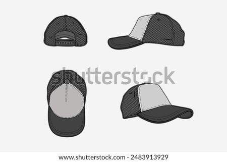 2d illustration of cap. Outline vector image set. Front, back, top, bottom, side and perspective view.
