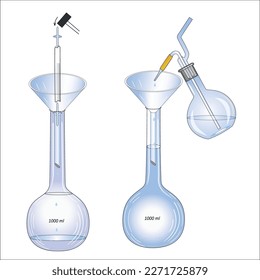 2d illustration of a chemical experiment: the process of preparing a fixanal solution in two volumetric flasks using a funnel and hammer, a glass striker and a flask with distilled water for washing