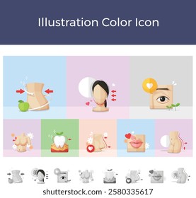 2D illustration color icon hospital emergency doctor medical medicine treatment new drug test consultation beauty plastic surgery lips nose teeth dentist chest vision