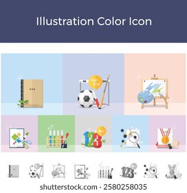 2D illustration color icon study book exercise soccer baseball art art painting scissors experiment science math award magnifying glass research achievements