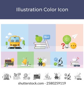 2D illustration color icon study move read math custom puzzle research commute work microscope bio school bus