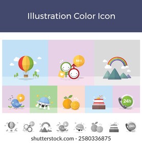 2D illustration color icon travel male female pigeon bird orange birthday consultation 24 hour UFO spaceship landscape rainbow