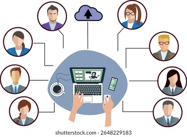 ILUSTRACIÓN 2D Concepto de Colaboración Online y Trabajo en Equipo Remoto. Set para el trabajo desde cualquier lugar tema, trabajo remoto, estilo de vida