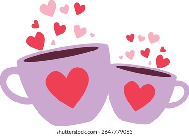  2D illustration of couple coffee cups with heart symbols and rising love steam. Great for romantic themed designs.

