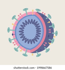 2D illustration of covid-19 coronavirus structure. Pandemic, dangerous disease, outbreak. Medicine, healthcare, awareness