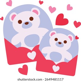 2d illustration of cute teddy bears inside an envelope with hearts. Perfect for Valentine greeting, love letters, or romantic messages.