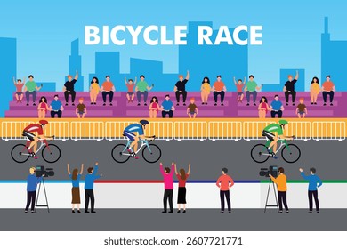 2D illustration depicting a bicycle race, featuring cyclists, cheering spectators, cameramen, and a cityscape backdrop
