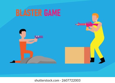 2D illustration depicting a blaster game, featuring stylized figures with toy blasters, a box, and a rock, against a solid background with BLASTER GAME text