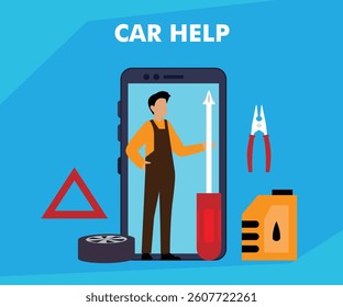2D illustration depicting car help services, featuring a mechanic figure on a smartphone screen Ideal for automotive, assistance, and technology themes