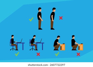 2D illustration depicting ergonomic posture and lifting techniques, featuring stylized figures demonstrating correct and incorrect positions for standing, sitting, and lifting