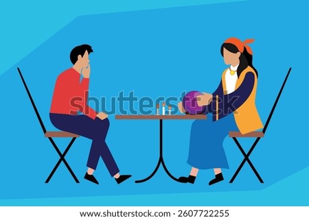 2D illustration depicting a fortune teller session, featuring stylized figures, a crystal ball, and candles on a table. Ideal for mysticism, divination, and supernatural themes