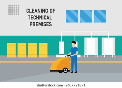 2D illustration depicting industrial cleaning, featuring a worker with a floor cleaning machine in a technical premises environment with tanks and barrels