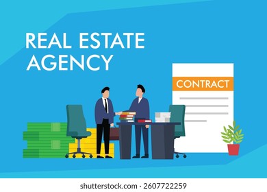 2D illustration depicting a real estate agency, featuring stylized figures shaking hands over a contract Ideal for business, finance, and property themes