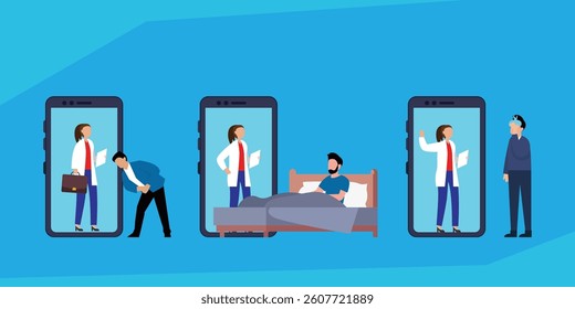 2D illustration depicting telehealth and remote medical consultation, featuring patients and doctors within smartphone screens, suggesting a virtual care setting