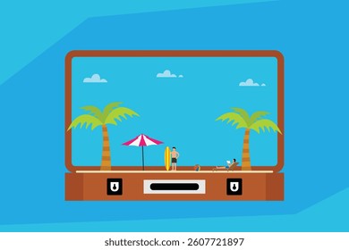 2D illustration depicting a vacation getaway, featuring a suitcase framing a beach scene with palm trees, a parasol, a surfer, and a relaxing figure for travel, leisure, and summer holiday themes