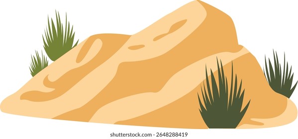  2D illustration of a desert hill with bushes. Ideal for desert scenes with dry hills and vegetation in arid environments.