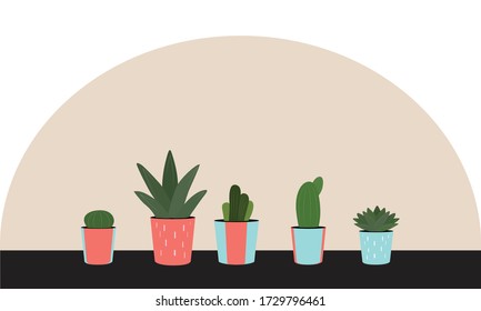 2D illustration design featuring small vector succulent plants in pots.