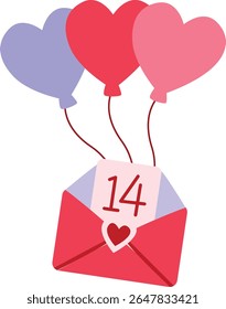 2D illustration of an envelope with balloons and number 14. Represents Valentine’s Day in a fun and festive design.