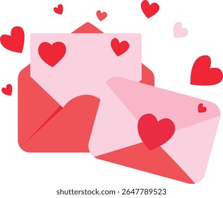 2D illustration of envelopes with flying hearts. Symbolizing romantic letters or love messages for Valentine’s or celebrations.