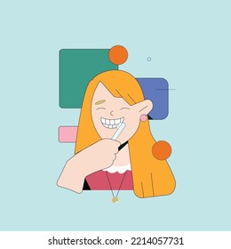 2d Illustration Girl Brushing Her Teeth Eyes Closed And Blond Color Hair Pink Dress And Rectangles Behind Her 