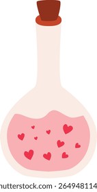 2d illustration of a glass bottle filled with heart shapes. A whimsical Valentine symbol representing a love potion or magic romance.