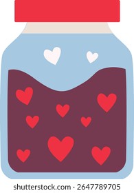  2D illustration of a glass jar filled with red hearts. A symbol of overflowing love and sweet Valentine’s affection.