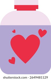 2d illustration of a glass jar with a red heart inside. Symbol of preserved love, romantic potion, or cute Valentine decoration.