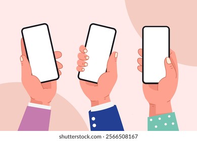 2d illustration hand holding mobile phone, using mobile phone, mobile phone mock-up template, digital and technology concept