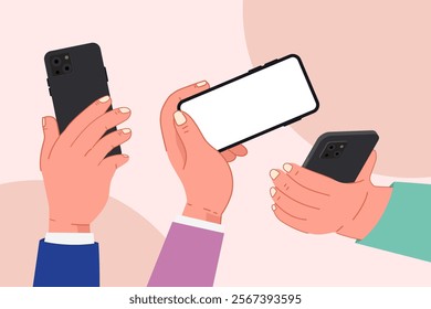 2d illustration hand holding mobile phone, using mobile phone, mobile phone mock-up template, digital and technology concept