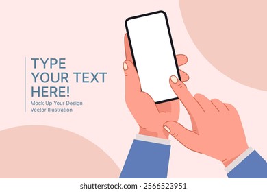 2d illustration hand holding and using mobile phone, mobile phone mock-up template, digital and technology concept