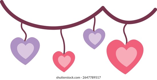 2D illustration of a hanging heart and star garland. A cheerful decoration for parties or romantic-themed events.