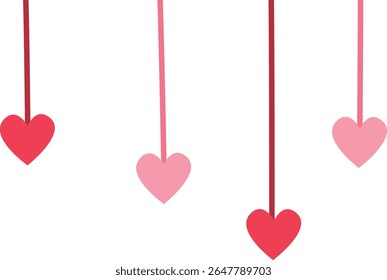 2D illustration of hearts hanging on strings. Decorative romantic concept perfect for love-themed banners, cards, or backgrounds.