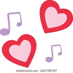  Ilustração 2D de corações com notas musicais. Um design romântico e musical perfeito para canções de amor, concertos ou temas de Valentim.