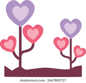 2D illustration of heart-shaped flowers growing in a row. A charming nature-themed romantic design for Valentine’s or spring.
