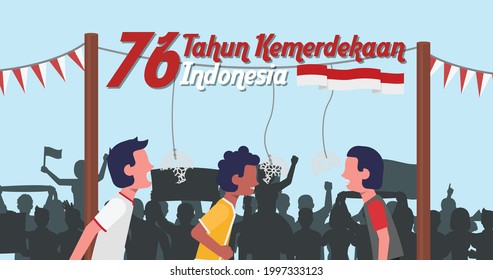 2D Illustration of Kerupuk Eating Competition to celebrate 17 Tahun Kemerdekaan Indonesia. Translate : "76th Years Indonesian Independence"