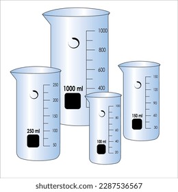 Ilustración 2D de los vasos de laboratorio de diferentes tamaños: 100 ml, 150 ml, 250 ml, 1000 ml