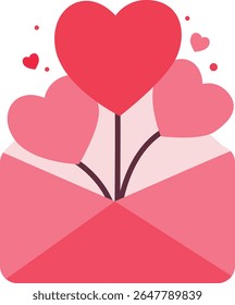 2D illustration of love letter with heart-shaped balloons. Fun and romantic mail concept for Valentine’s Day designs.