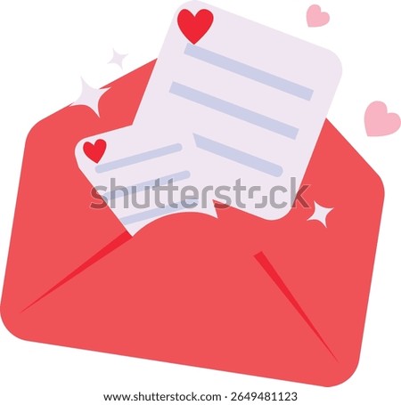 2d illustration of a love letter surrounded by pink hearts in an open envelope. Represents romance, affection, and heartfelt communication.